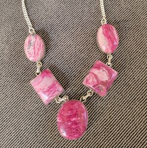 Elegant Pink and Silver Stone Necklace. Colorful Pink White Jasper In 925 Silver